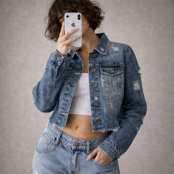 Pistola Distressed Cropped Denim Jacket Medium Raw Hem - Picture 7 of 9